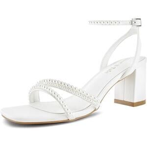 Shoe'N Tale Womens 5 White Pearl Open Toe Ankle Strap 3" Block Heel Sandal Shoes